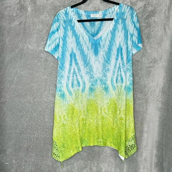 Time And Tru 1X Shirt Top Blue Green Geometric Short Sleeve V Neck Sequins Knit - Picture 1 of 8